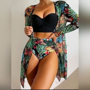 SHEIN Swim Classy 3 Piece Tropical Print Push Up High Waisted Bikini and Kimono